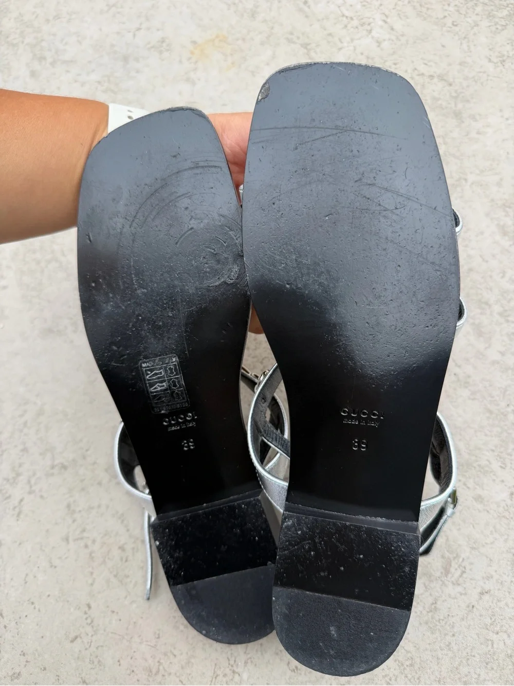 Gucci women’s Metallic Silver Multi-Strap Slingback Sandals